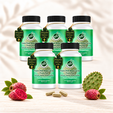 Natural Home Cures Freeze-Dried Nopal Cactus supplement bottle with loose capsules, cactus pads, and ripe prickly pear fruit