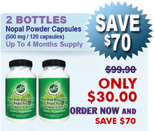 Natural Home Cures Freeze-Dried Nopal Cactus supplement bottle with loose capsules, cactus pads, and ripe prickly pear fruit