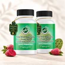Natural Home Cures Freeze-Dried Nopal Cactus supplement bottle with loose capsules, cactus pads, and ripe prickly pear fruit