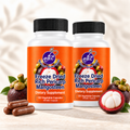 Natural Home Cures Freeze-Dried Rich Pericarp Mangosteen supplement bottle with loose capsules and whole mangosteen fruit