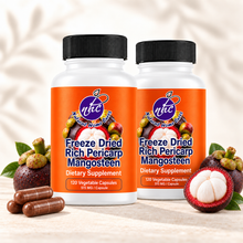 Natural Home Cures Freeze-Dried Rich Pericarp Mangosteen supplement bottle with loose capsules and whole mangosteen fruit