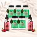 Natural Home Cures Freeze-Dried Nopal Cactus supplement bottle with loose capsules, cactus pads, and ripe prickly pear fruit and Prickly Pear Drops Nopal Cactus liquid supplement bottle