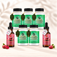 Natural Home Cures Freeze-Dried Nopal Cactus supplement bottle with loose capsules, cactus pads, and ripe prickly pear fruit and Prickly Pear Drops Nopal Cactus liquid supplement bottle