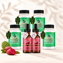 Natural Home Cures Freeze-Dried Nopal Cactus supplement bottle with loose capsules, cactus pads, and ripe prickly pear fruit and Prickly Pear Drops Nopal Cactus liquid supplement bottle