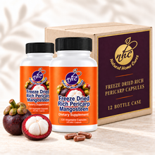 Natural Home Cures Freeze-Dried Rich Pericarp Mangosteen supplement bottle with loose capsules and whole mangosteen fruit
