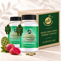 Natural Home Cures Freeze-Dried Nopal Cactus supplement bottle with loose capsules, cactus pads, and ripe prickly pear fruit