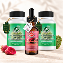 Natural Home Cures Freeze-Dried Nopal Cactus supplement bottle with loose capsules, cactus pads, and ripe prickly pear fruit and Prickly Pear Drops Nopal Cactus liquid supplement bottle