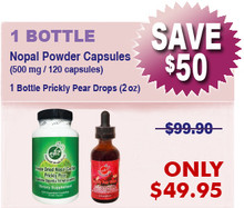 Natural Home Cures Freeze-Dried Nopal Cactus supplement bottle with loose capsules, cactus pads, and ripe prickly pear fruit and Prickly Pear Drops Nopal Cactus liquid supplement bottle