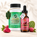 Natural Home Cures Freeze-Dried Nopal Cactus supplement bottle with loose capsules, cactus pads, and ripe prickly pear fruit and Prickly Pear Drops Nopal Cactus liquid supplement bottle