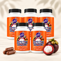 Natural Home Cures Freeze-Dried Rich Pericarp Mangosteen supplement bottle with loose capsules and whole mangosteen fruit