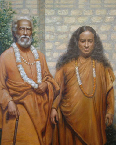 This uplifting picture displays Paramhansa Yogananda and Swami Sri Yukteswar standing in front of a brick wall.
This devotional photo is suitable for wall, desk, or altar.