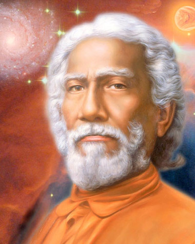 This uplifting photograph of Swami Sri Yukteswar displays the teacher with a red background, swirling stars, and a red moon.
 This devotional 8x10 picture is suitable for wall, desk, or altar.