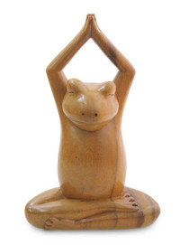 Wood sculpture, 'Toward the Sky Yoga Frog'