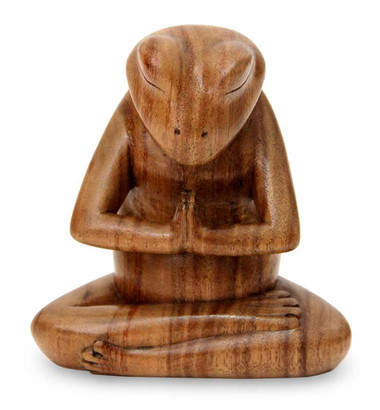 Carved Wood Sculpture, 'Asana Pose Yoga Frog'