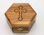 Bethlehem Olive Wood Hexagon Box with Engraved Cross