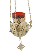 Hanging Vigil Lamp - Gold/Red with enamel cross