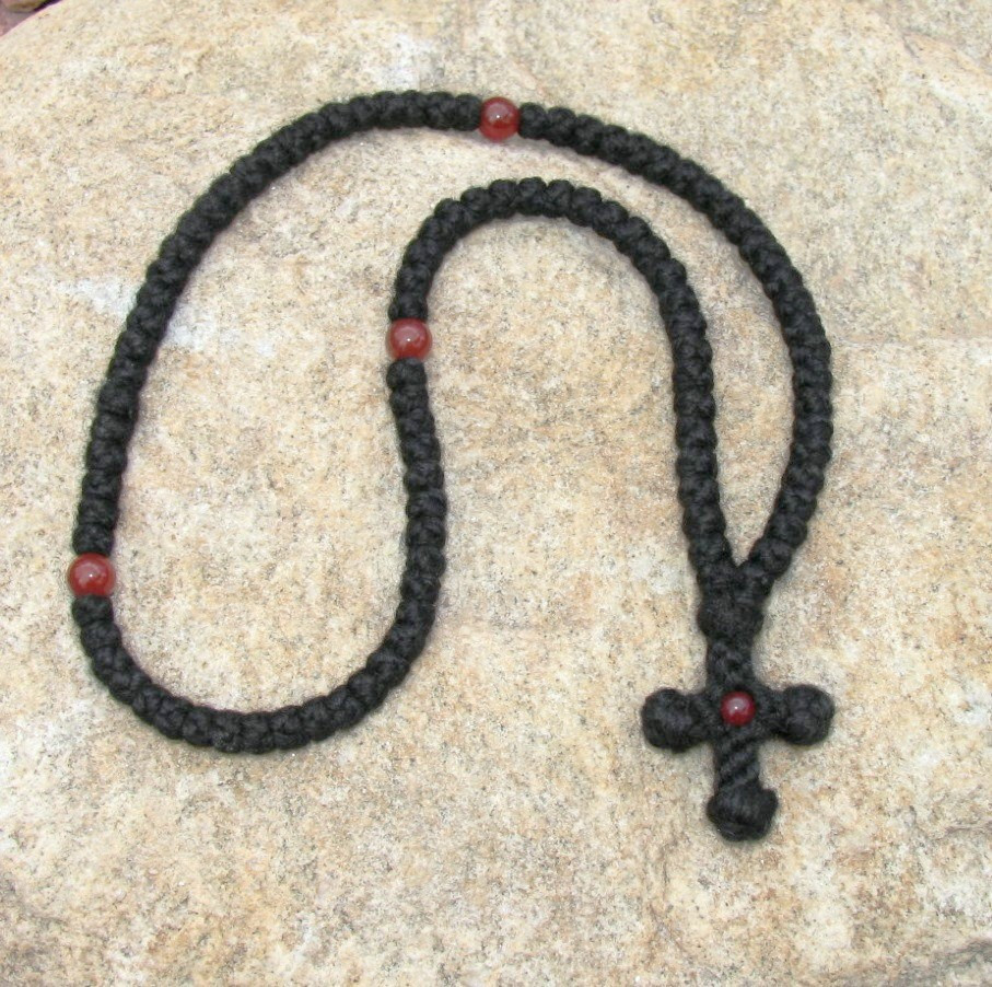 Prayer Rope, 100 knots with cross and red beads