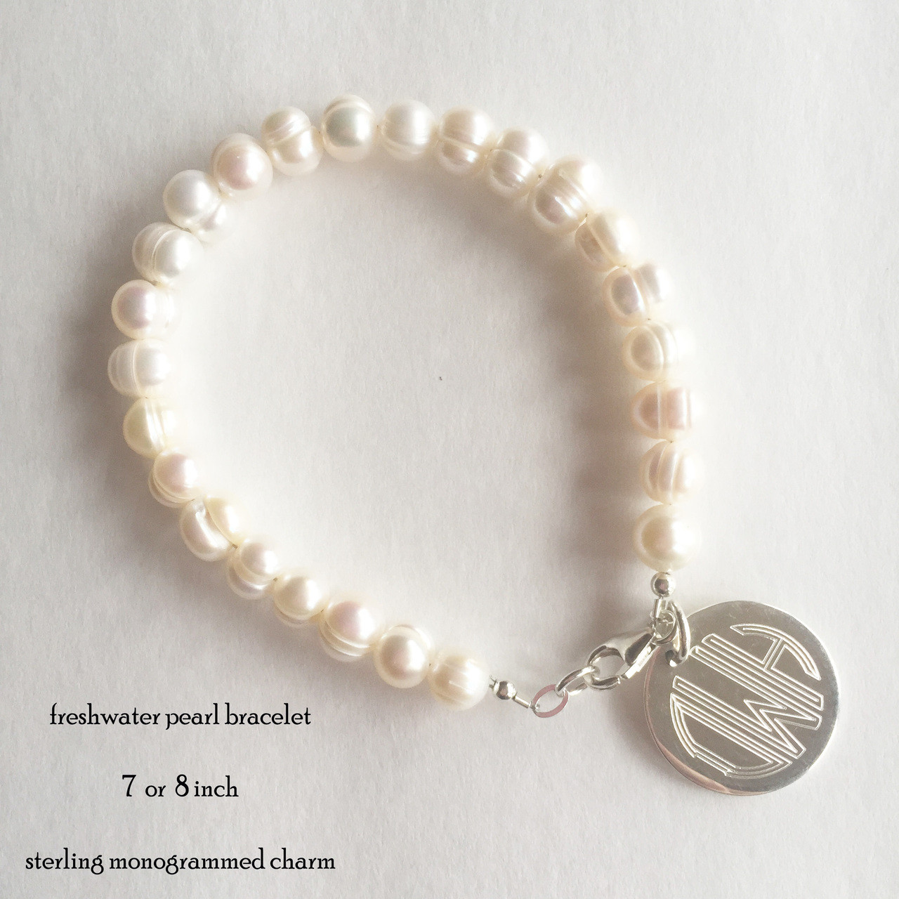jacqueline freshwater pearl bracelet with sterling monogrammed charm