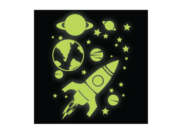 glow in the dark rocket, planets and stars wall stickers