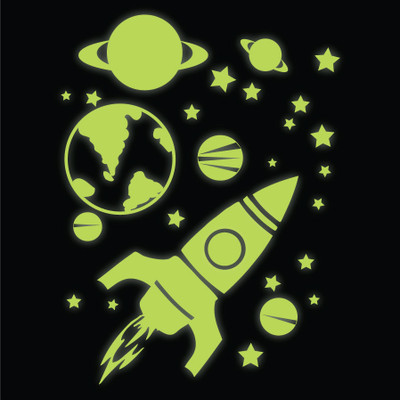 glow in the dark rocket, planets & stars wall stickers