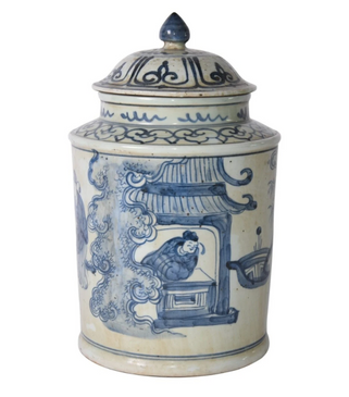 Blue & White Porcelain Lidded Jar (Ancient People)