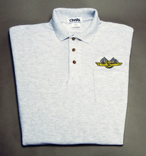 Shirt, polo short sleeve with pocket and checkered flag logo, gray, large