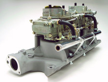 Pictured:  Dual Quad Intake Manifold, 2x4 BBL, 289-302, with carburetors, linkage, and fuel log.  NOTE:  Carburetors, linkage, and fuel log are not included with the manifold but are sold separately or as part of a complete kit (see Complete Dual Quad Carburetion Systems).