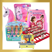 Magical Stocking-Stuffer Bundle featuring Unicorn Styling Head, Mermaid Princess Set, Beautician’s Backpack, Pets Trolley, and Who Is It? Game