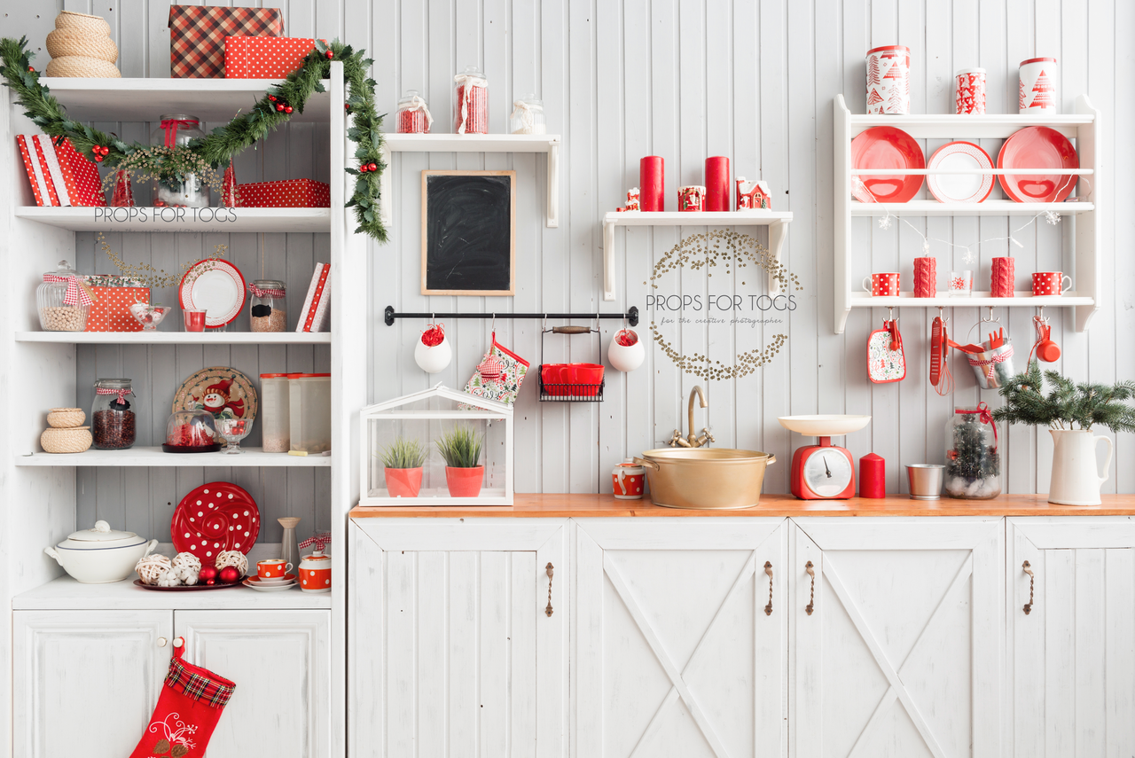 red and white Christmas kitchen - christmas photographers backdrop - Props For Togs