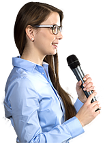 Conference woman attending meeting and asking a question with wireless mic