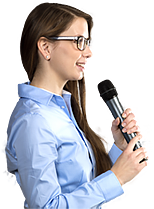 Conference woman attending meeting and asking a question with wireless mic