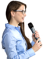 Conference woman attending meeting and asking a question with wireless mic
