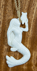 Carved Bone Mermaid with Turtle and Cord Necklace