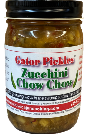 If you love the taste Gator Pickles, you need to jump on board with these "Zucchini Chow-Chow" like you never had it before. The taste may just make you eat the whole jar in one sitting. Just enough sweet and heat!  Seasoned with the fabulous Magic Swamp Dust.  Probably the BEST Zucchini you’ll ever eat! And each Zucchini spoonful will be with the same great flavor.
A sweet and flavorful Zucchini with the "bite that slips up on you"
An experience you won't forget!