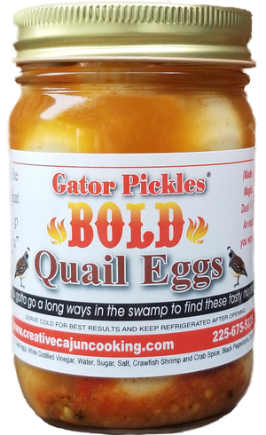 You will love the taste Gator Pickle Quail Eggs. The taste may just make you eat the whole jar in one sitting like the other products we carry. Just enough sweet and heat!  Seasoned with the fabulous Magic Swamp Dust.  Probably the BEST Pickled Quail Eggs you’ll ever eat!