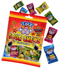 TNT Sour Chews. 12 x 150g in a box. The TNT Sour Chews come with 33 individual wrapped lollies in each packet. 
They are Gluten Free Liquid Filled sour lollies mixed flavours in a bag of Blue Raspberry, Strawberry, Tutti Frutti and Lime Flavours