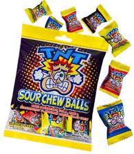 TNT Sour Balls. 12 x 150g in a box. The TNT Sour Chews come with 30 individual wrapped lollies in each packet. 
They are Gluten Free Liquid Filled sour lollies mixed flavours in a bag of Blue Raspberry, Strawberry, Lime and Cola Flavours