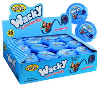 Wacky Bubble Gum Rolls Blueberry JoJo. 36 Packs x 15g Net. Gluten Free, Not Suitable for Children under 
Three years of age.  
