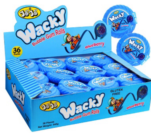Wacky Bubble Gum Rolls Blueberry JoJo. 36 Packs x 15g Net. Gluten Free, Not Suitable for Children under 
Three years of age.  
