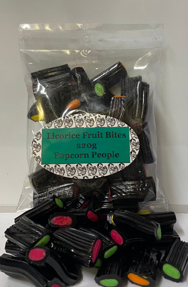 Liquorice Fruit Bites Bag. 1 x 220g Bag. Soft Fruit flavoured center with and black liquorice around the outside.