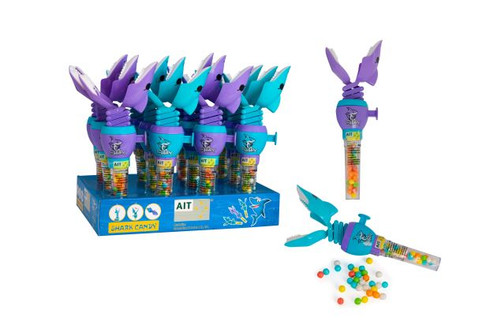 12 x Shark Toy With Candy. Neck of shark moves forward and mouth opens and closes.