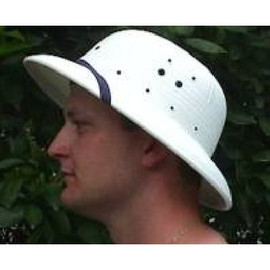 This hardshell safari pith helmet is an excellent way to protect yourself from the sun and anything falling from the trees. This is the white version. (S45W)