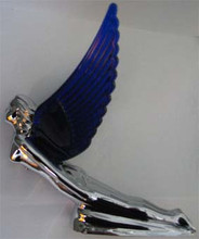 Chrome Flying Goddess Hood Ornament with Illuminated Blue Wings.
