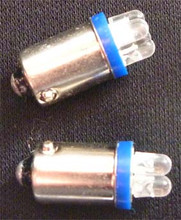 Blue LED BA9S Bayonet Base Globe with Four LED Diodes. 24 Volt Only. Pair.