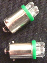 Green LED BA9S Bayonet Base Globe with Four LED Diodes. 24 Volt Only. Pair.