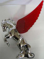 Chrome Fighting Stallion Hood Ornament with Red Illuminated Wings.