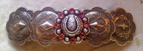 Western Cowgirl Barrette. Swarovski Crystal Horse shoe center. Available in all colors. 
Sterling Silver plated. PROUDLY HANDMADE IN THE USA!
"Made in France" barrette back. Will not break slip or pop.