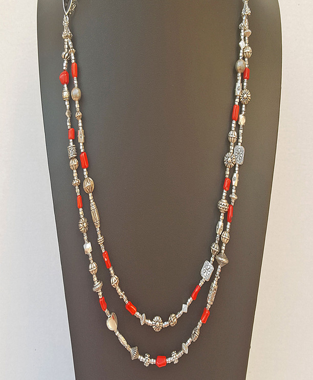 Red Coral and Mixed Silver Bead Double Strand Adjustable Necklace 