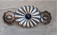 Silver Barrette, Santa Fe Style Hairclip, Western Barrette with Lapis.
Large French Back Barrette will not slip, pop or break.
Antiqued Silver over Brass for the look of the old Southwest.
Natural Lapis Center Stone. Also available in Turquoise.
PROUDLY HANDMADE IN TUCSON, AZ