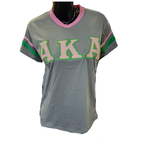 Alpha Kappa Alpha AKA Sorority V-Neck with Stripes- Gray